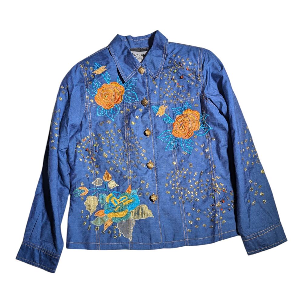 Vtg Y2K Indigo Moon Blue Orange Floral Embroidered Button Up Jacket XS NWT